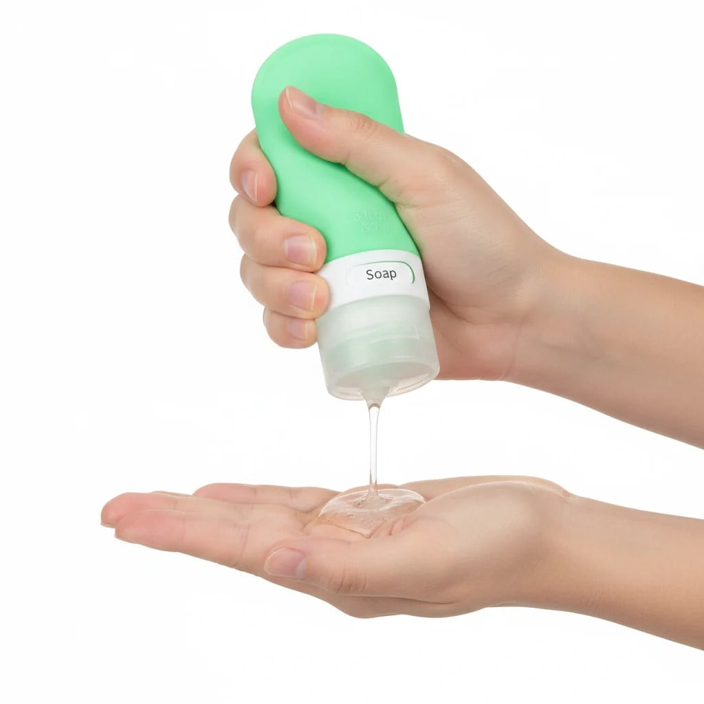 imgi_13_Hand_squeezing_mint_green_silicone_travel_bottle_dispensing_liquid_soap_onto_palm_on_white_background